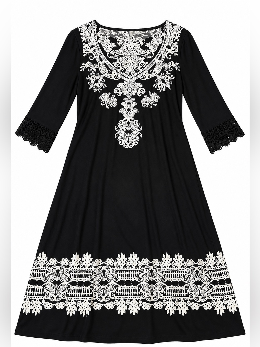 Madison Black Midi Dress with White Embroidered Neckline and Hem